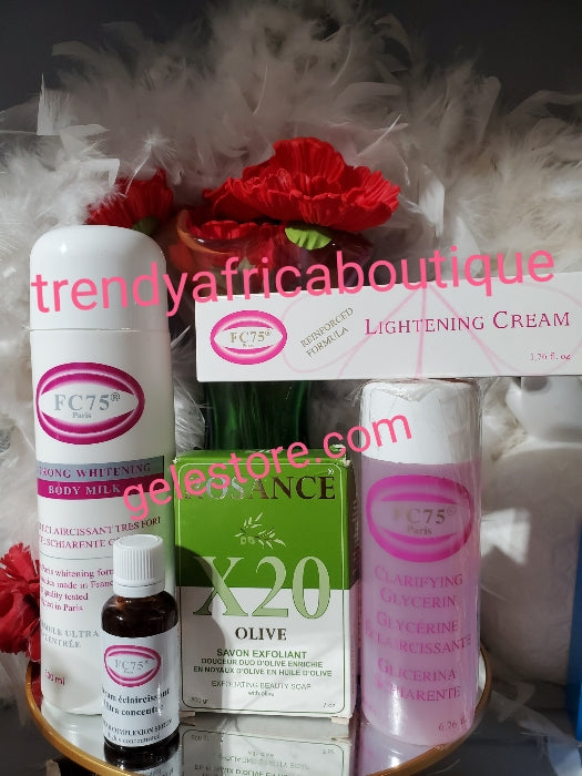 5pcs. BANGA!! FC75 PARIS reinforced French formula body treatment lotion, whitening serum, glycerin, face cream with albutin, glycolic acid, & Rosance X20 exfoliating soap