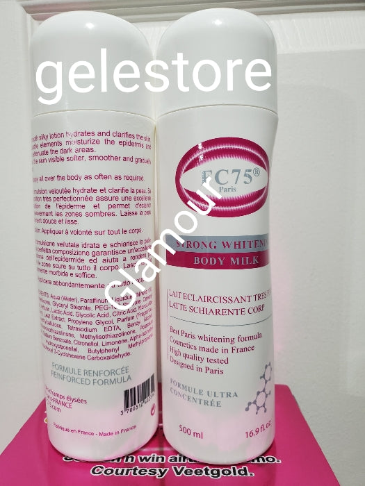 2pcs. Another BANGA! FC75 Paris 🔥👌👌👌 enforced WHITENING FRENCH formular smooth, silky, hydrating. CLEAN KNUCKLES, NO STRETCH MARKS!   HYDROQUINOUN FREE.  Top class whitening body LOTION (milk) & serum. Let your skin do the talking!!!