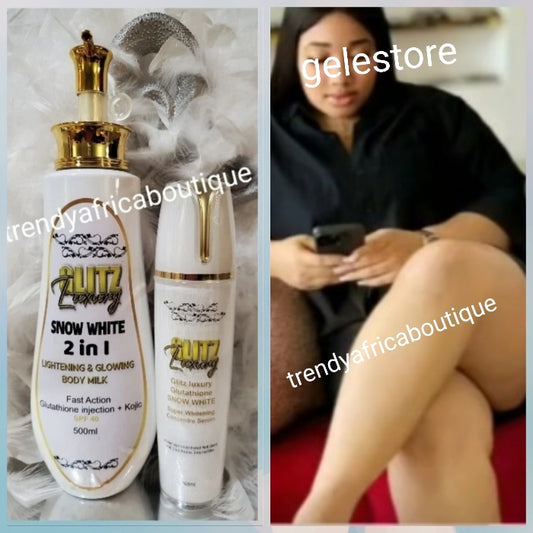2pcs Glitzluxury SNOW WHITE skin repair body milk 500ml and Glutathion snow white super whitening serum 100ml. FLAWLESS MILKY WHITE COMPLETION!! 100% satisfaction. Newly improved 🔥👌👌