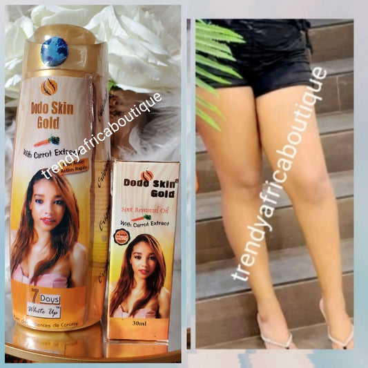 2pce; 220ml x 1 and serum. Dodo skin gold with carrot extract 7days white up. Lightening and moisturizing body lotion 400mlx1 big size (Copy)