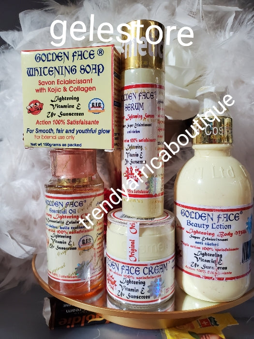 5-teiliges Kombi-Set: Original Golden Gesichts-Schönheitsmilch 250 ml, Gesichtscreme mit dreifacher Wirkung. Fades Dark, Serum 60 ml, Kombination aus Gesichtsseife und ätherischem Öl. Für jeden Hauttyp.