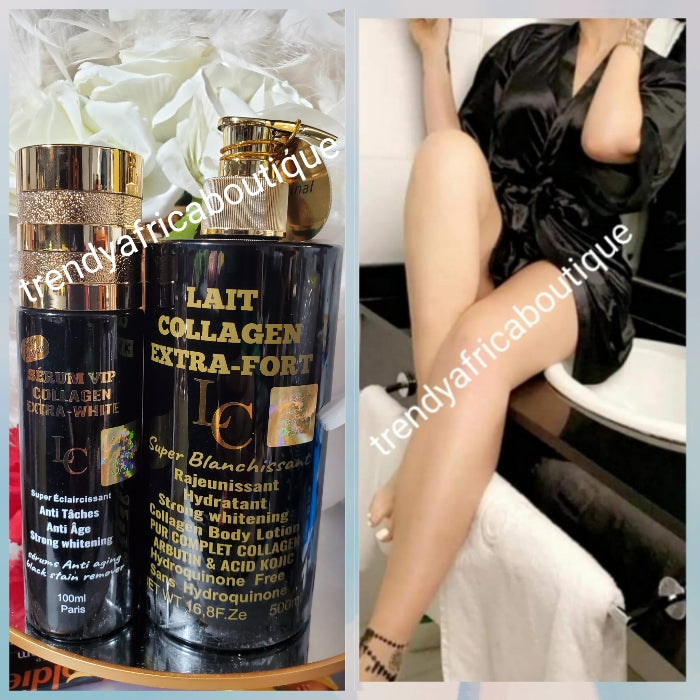 4pcs set: 🔥 Lait collagen Extra fort super Blanchissant strong whiitening body lotion, Serum, face cream & soap. For a Stainless mikllky undertone👌🔥