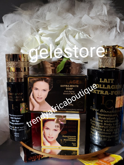 4pcs set: 🔥 Lait collagen Extra fort super Blanchissant strong whiitening body lotion, Serum, face cream & soap. For a Stainless mikllky undertone👌🔥