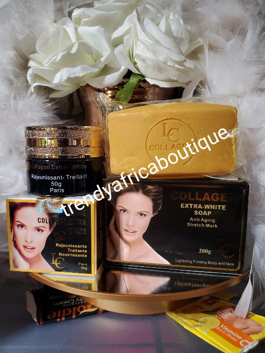 4pcs set: 🔥 Lait collagen Extra fort super Blanchissant strong whiitening body lotion, Serum, face cream & soap. For a Stainless mikllky undertone👌🔥