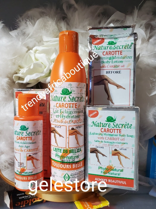3pce. Set: ORIGINAL Nature Secrete carotte lightening body lotion, serum & soap. skin lightening & GLOWING oil,Hydroquinone free.