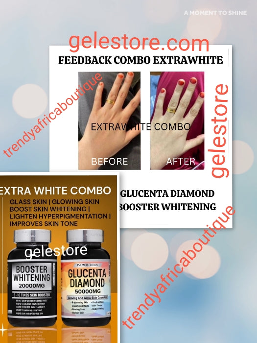 New package: 2pcs set: GLUCENTA DIAMOND glassy skin + BOOSTER WHITENING 5-10 times whitening supplements. Premier edition. Skin Whitening, glowing and brightening duo. 50 capsules each in each bottle.