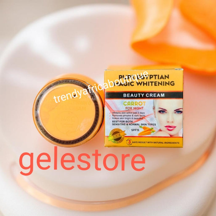 Pure egyptian magic whitening beauty face cream. Formulated with carrot extracts for night time only.  3 days action anti spots, pimples and sun burns. 20g
