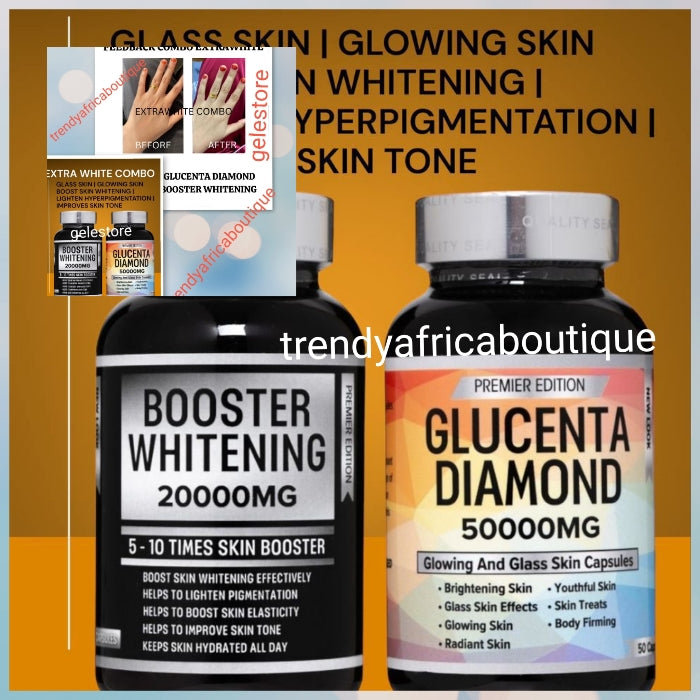 New package: 2pcs set: GLUCENTA DIAMOND glassy skin + BOOSTER WHITENING 5-10 times whitening supplements. Premier edition. Skin Whitening, glowing and brightening duo. 50 capsules each in each bottle.