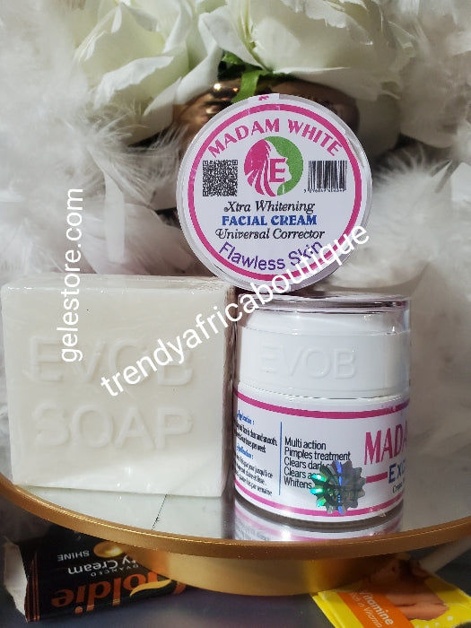 2pcs Evob Madam white flawless skin Exclusive xtra whitening face cream and soap. Anti pimples and acne treatment for all skin types