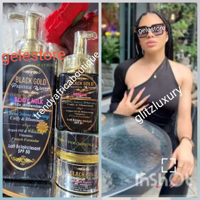 3pcs. Set Black Gold prestige white 10X Whitenizer body lotion 550ml , serum 120ml & face cream