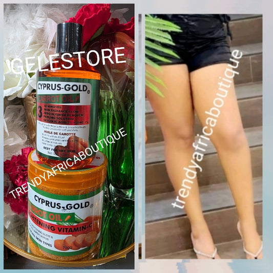 2pcs. Cyprus-Gold Carrot lightening vitamin C glow & Toning super salt scrub 700g. & Cyprus Gold skin radiance glow oil anti blemishes 300ml👌