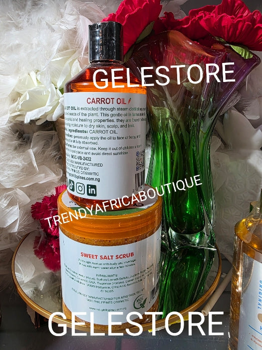 2pcs. Cyprus-Gold Carrot lightening vitamin C glow & Toning super salt scrub 700g. & Cyprus Gold skin radiance glow oil anti blemishes 300ml👌