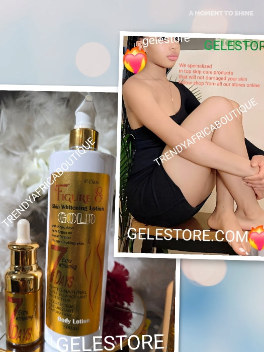 New Banga: 2pcs. Figure 8 Gold. 8 days extra whitening body lotion and serum. Kojic, argan oil & Niacinamide. Body corrector and glowing.