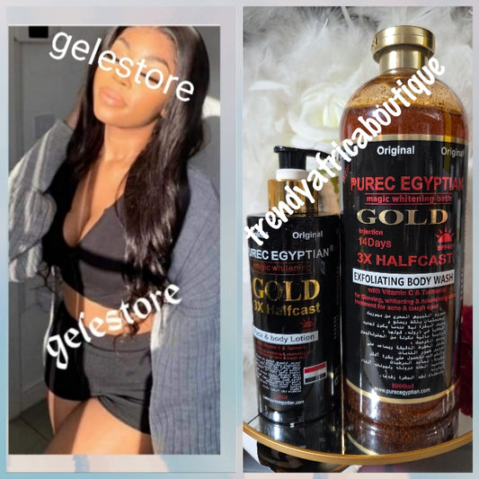 NEW ORIGINAL Purec Egyptian magic Whitening HALFCAST face & body lotion plus  Purec Egyptian 3x Halfcast exfoliating body wash 1000mlx 1 spf 40