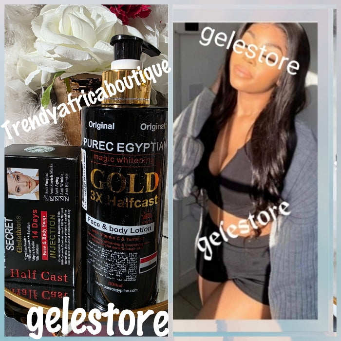 NEW ORIGINAL Purec Egyptian magic Whitening HALFCAST face & body lotion & purec exfoliating whitening soap set