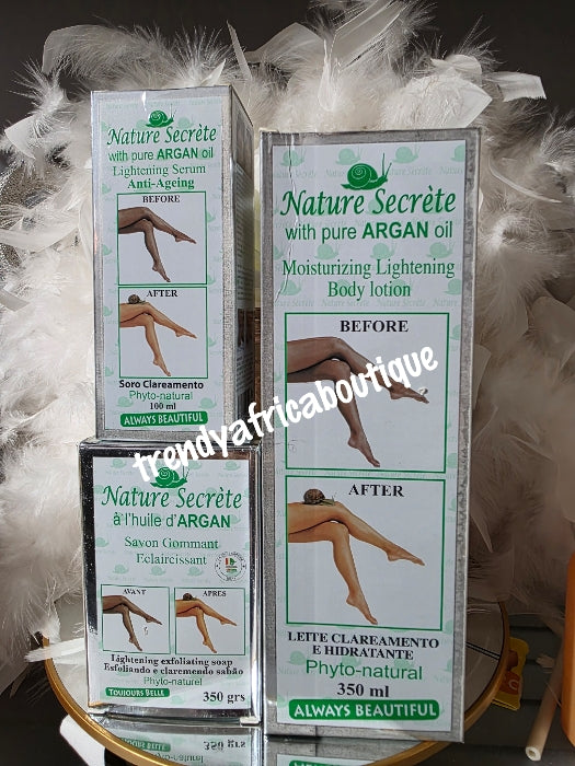 3pcs. Set: ORIGINAL Nature Secret with PURE ARGAN oil moisturizing lightening body lotion, anti-aging serum and lightening exfoliating soap. ALWAY BEAUTIFUL