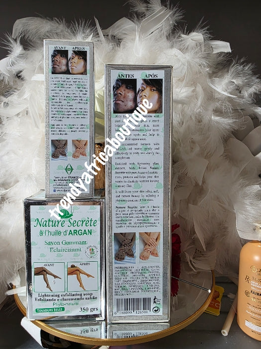 3pcs. Set: ORIGINAL Nature Secret with PURE ARGAN oil moisturizing lightening body lotion, anti-aging serum and lightening exfoliating soap. ALWAY BEAUTIFUL