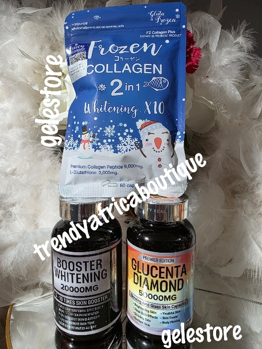 3pcs Combo: GLUCENTA DIAMOND, BOOSTER whitening supplements. Premier edition & 1 pack of Frozen collagen Skin Whitening, glowing and brightening.