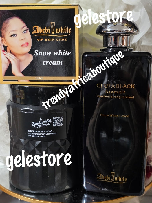 3pcs. Exclusive Abebi white VIP Gluta Black 5xxxxx + Snow white face and body lotion 500ml, Whitening Nigerian BLACK SOAPace cream, & exfoliating soap. 💯  satisfaction