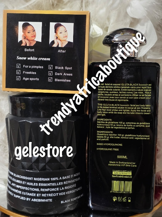 3pcs. Exclusive Abebi white VIP Gluta Black 5xxxxx + Snow white face and body lotion 500ml, Whitening Nigerian BLACK SOAPace cream, & exfoliating soap. 💯  satisfaction