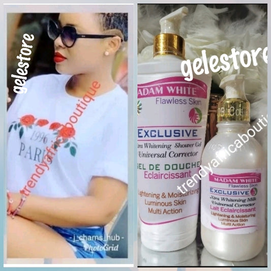 2pcs. Banga Madam white plus flawless skin exclusive. Xtra whitening body milk ALL Skin type. Universal corrector, Body Lotion 250ml & Shower gel 500ml