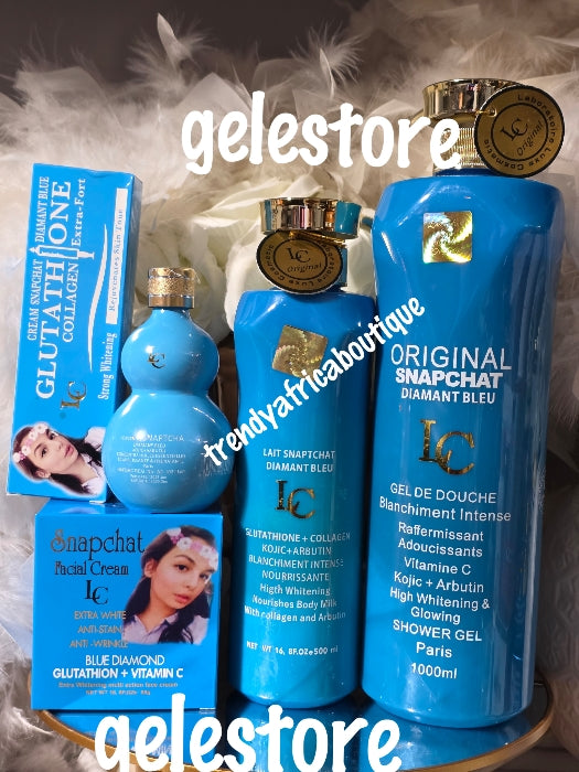 5pcs: Lait Snapchat diamant blue set: shower gel. Body Lotion, Serum, face cream & collagen tube cream: best whitening anti spot combo with glutathion collagen.  keep you looking younger & spotless.