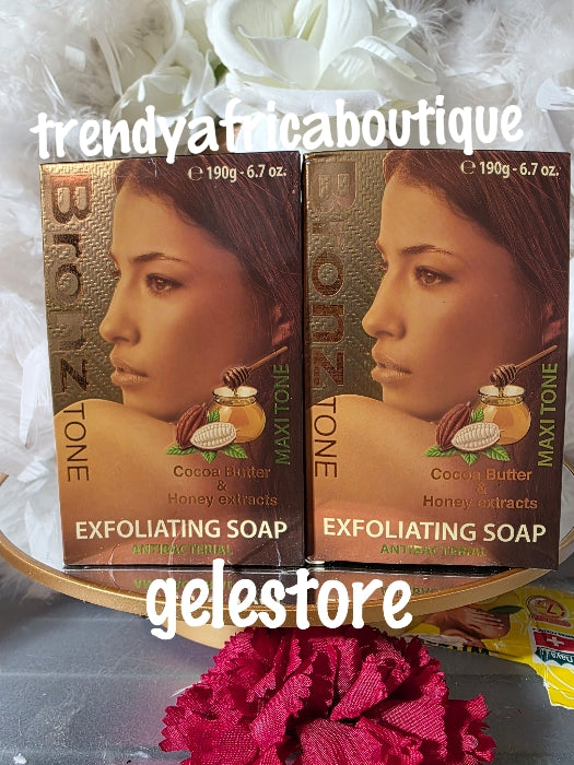 Bronze tone Maxitone exfoliating  soap made with honey and coco butter 190g x 1. Price is for one  soap.