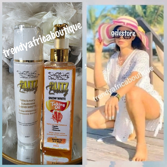 2pcs set: GLITZLUXURY glutathion SNOW White concentred serum 100mlx 1 PLUS Snow white Talking oil 250mlx 1. Perfect promix combo 🔥👌. 100% SATISFACTION
