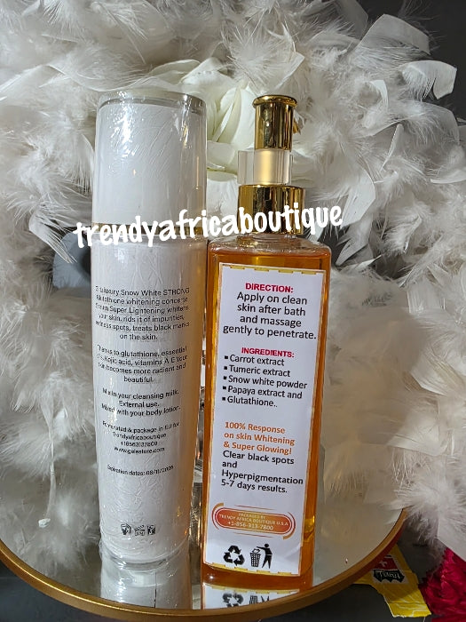 2pcs set: GLITZLUXURY glutathion SNOW White concentred serum 100mlx 1 PLUS Snow white Talking oil 250mlx 1. Perfect promix combo 🔥👌. 100% SATISFACTION