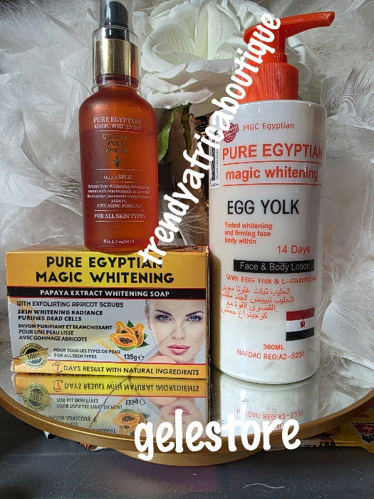 3pcs set: Pure Egyptian magic  whitening face & body lotion with egg yolk & L-Glutathion, serum 50ml & face& body soap Anti ageing, Anti stains and dark sports remover