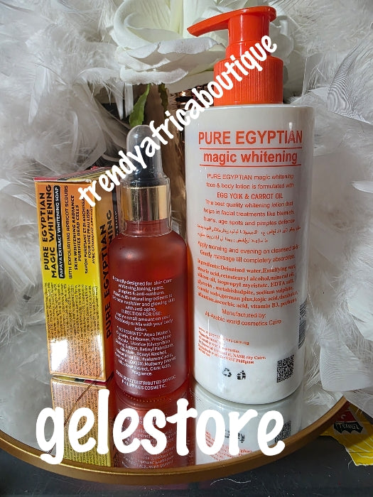3pcs set: Pure Egyptian magic  whitening face & body lotion with egg yolk & L-Glutathion, serum 50ml & face& body soap Anti ageing, Anti stains and dark sports remover