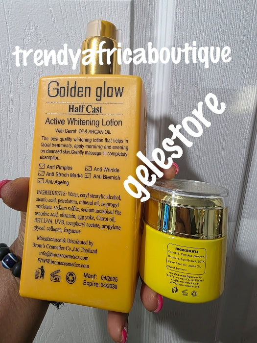 2pcs. Face cream & full bottle Body lotion: Golden Glow Intensive Halfcast whitening body lotion 500ml & face cream 50g jar. Super effective