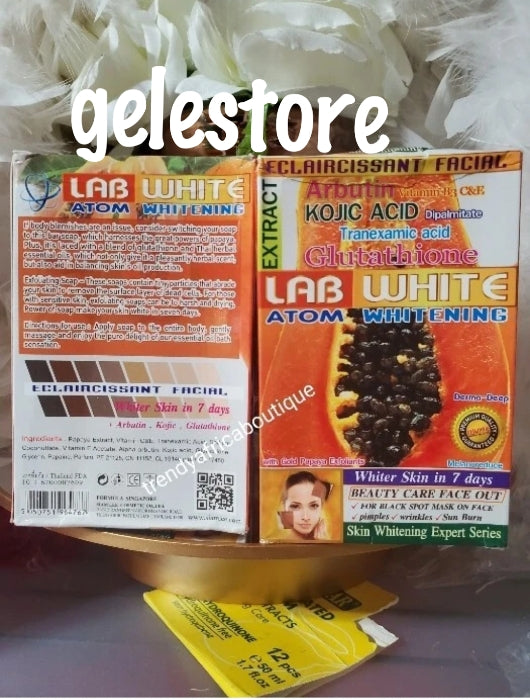 Lab white whitening papaya extract & kojic soap. extract, kojic, glutathione, collagen extracts. 200g x 1