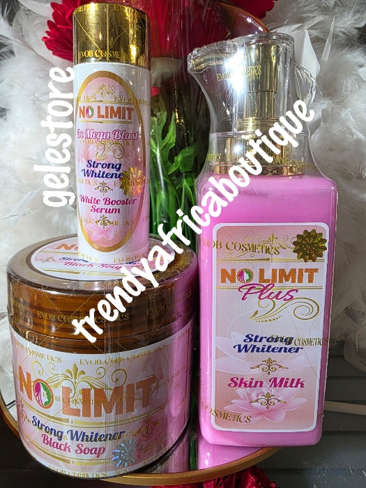 3pcs set perfect combo:No Limit pink whitening body milk, black soap and no limit whitening booster serum/oil new package!! Serum