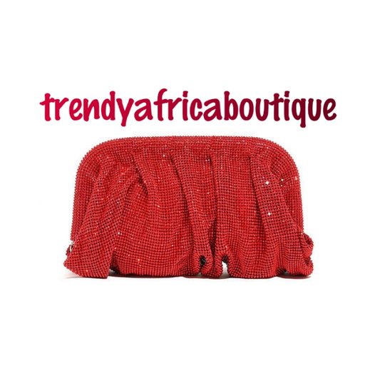 Sale Luxury Red evening hand clutch. Crystal Clutch/purse. All over dazzling crystal stones for party. 9 inches long & 6 inches (top to botton) wide. Gold chain shoulder stripe