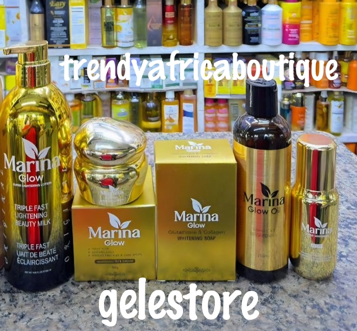 5pcs. Another Banga! Marina Glow super lightening body lotion (beauty milk) soap, body oil, serum, & face cream Triple fast action for healthy & glowing looking skin.👌