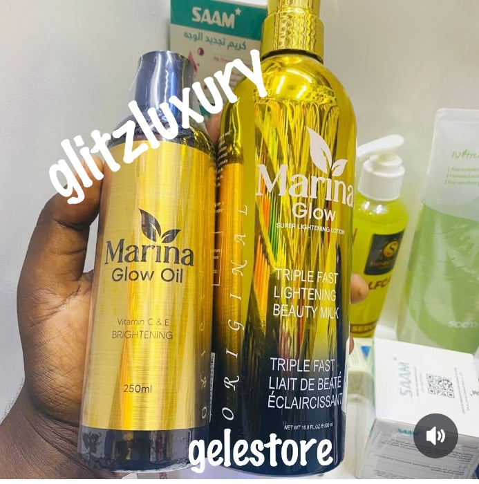 5pcs. Another Banga! Marina Glow super lightening body lotion (beauty milk) soap, body oil, serum, & face cream Triple fast action for healthy & glowing looking skin.👌