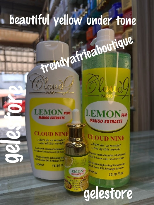 3pcs. Bangar Set: Cloud-9 paris lemon & mango extracts body lotion, serum & shower gel cream. with Lemon and Mango extracts. Fairer, ligher skin complexion