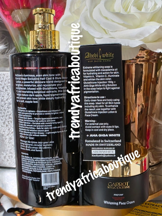 Another Bangar: 3pcs. Carrot Magic Exclusive half cast whitening body milk (lotion), face cream & abebi glutathion soap. Flawless Glow