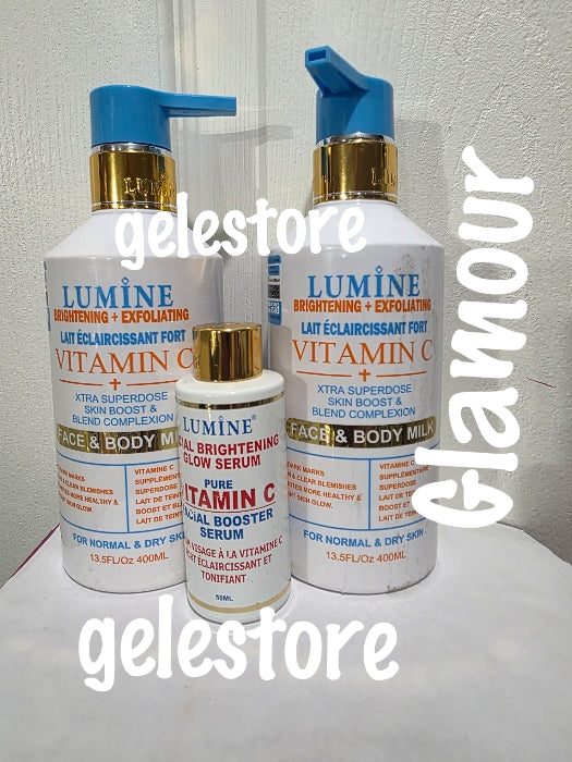3pcs. 2 Lotion + 1 serum LUMINE brightening & exfoliating face & body lotion based on turmeric root extracts & vitamin C. Xtra super dose skin boost &  blend complexion body milk (Copy)