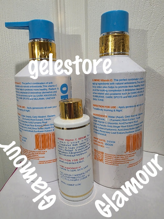 3pcs. 2 Lotion + 1 serum LUMINE brightening & exfoliating face & body lotion based on turmeric root extracts & vitamin C. Xtra super dose skin boost &  blend complexion body milk (Copy)