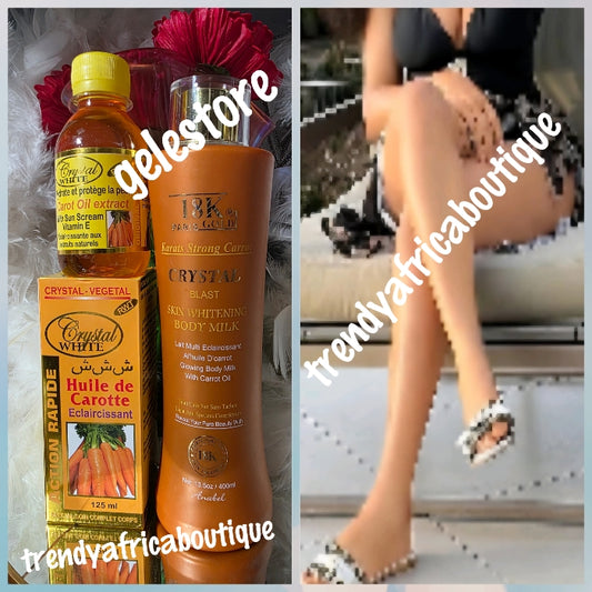 2pce. Set: 18k paris gold crystal blast super glowing & lightening body lotion and whitening oil. with pure carrot oil