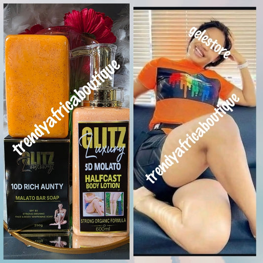 2pcs set: Glitzluxury 5D molato half-cast Body lotion 600ml PLUS Glitzluxury 10D Rich Aunty molato soap 600g. Strong whitening Repair Organic Formula. Organic NATURAL INGREDIENTS