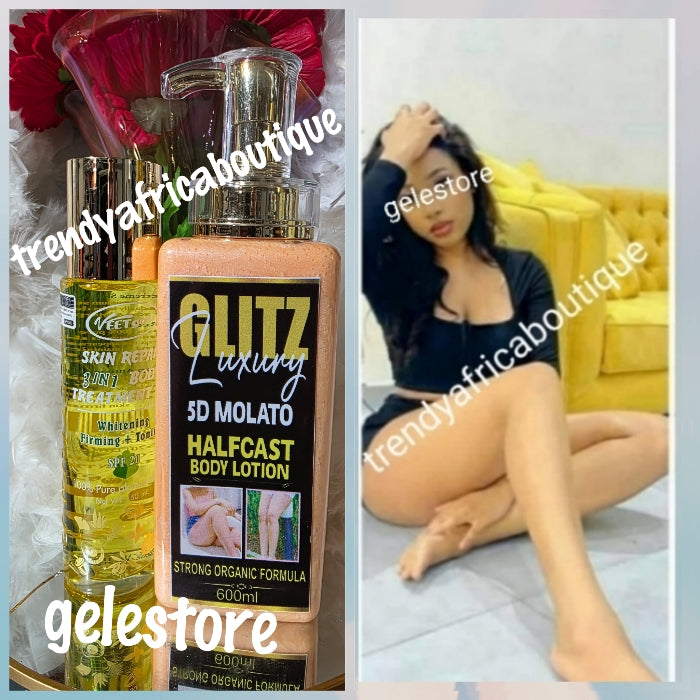 Sensitive skin 2n1 Glitz Luxery 5D molato half-cast Body lotion. Strong Organic Formula 500mlx1.plus Veet gold 3in1 plant extracts oil