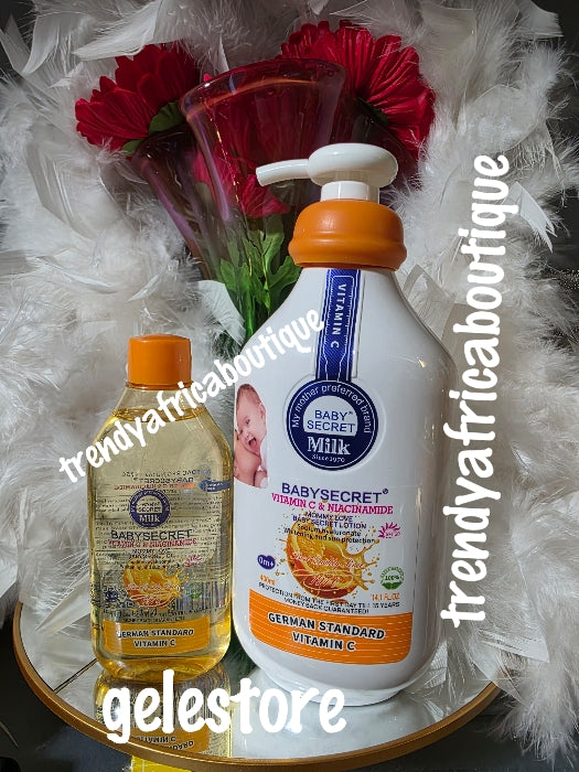 2pcs. Baby secret vitamin C & Niacinamide baby body lotion  and body oil. from 0-month & up to 15yrs of age.  Super brightening baby milk from Birth. 💯 Satisfaction baby secret milk
