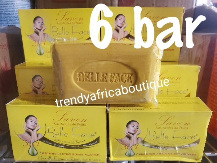 6 soap sale: 💯 AUTHENTIC Belle face 3n1 formular whitening and treatment bar soap. Fast action. Formulated with carrote extract and fruit acid & glutathion. 200g bar × 6 soap sale.