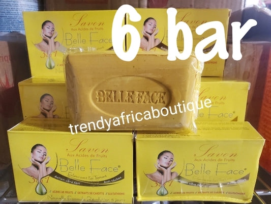 6 soap sale: 💯 AUTHENTIC Belle face 3n1 formular whitening and treatment bar soap. Fast action. Formulated with carrote extract and fruit acid & glutathion. 200g bar × 6 soap sale.