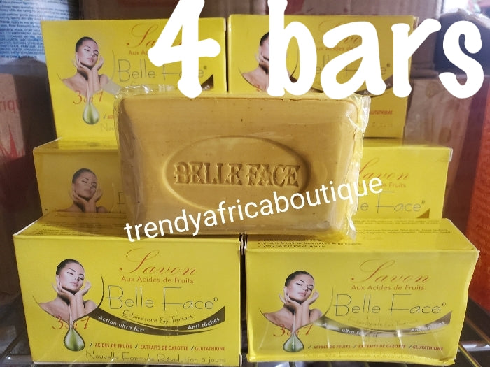 4 soap sale: 💯 AUTHENTIC Belle face 3n1 formular whitening and treatment bar soap. Fast action. Formulated with carrote extract and fruit acid & glutathion. 200g bar × 4 soap sale.
