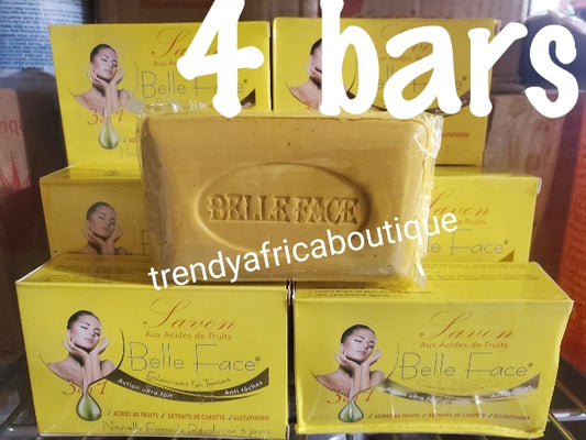 4 soap sale: 💯 AUTHENTIC Belle face 3n1 formular whitening and treatment bar soap. Fast action. Formulated with carrote extract and fruit acid & glutathion. 200g bar × 4 soap sale.
