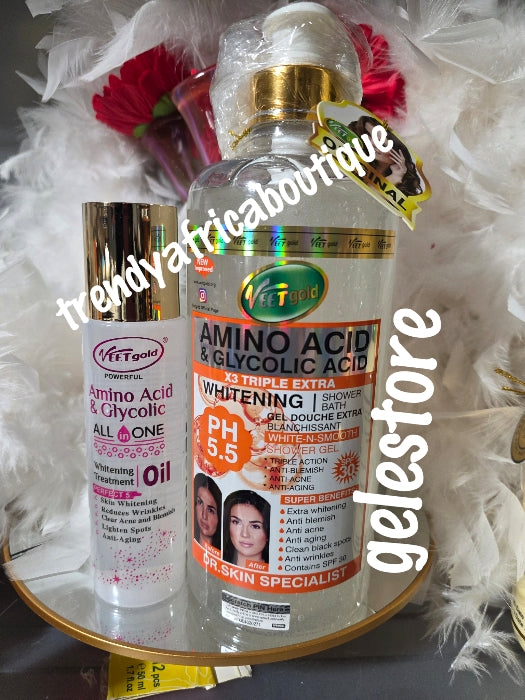 Perfect combo: Veetgold Amino acid & glycolic x3 triple strenght shower gel  and treatment Oil with spf 30. All skin type